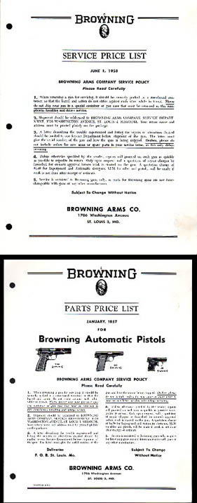 1957-58 Browning Parts Price List
