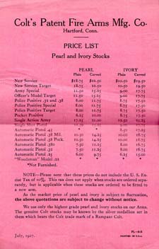 1927 Colt Pearl and Ivory Stocks Price List