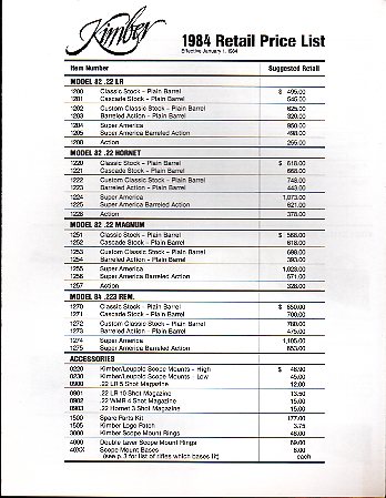 1984 Kimber Price List