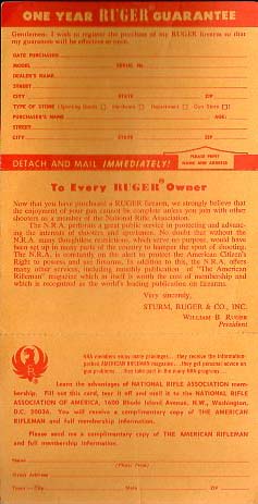 1970's Ruger Registration Card
