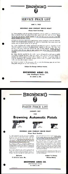 1957-58 Browning Parts Price List  1957-58 Browning Parts Price List