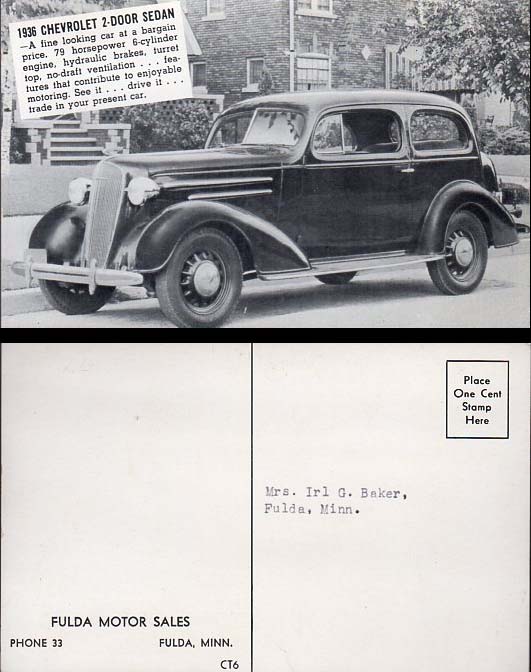 1936 Chevy Dealer Postcard