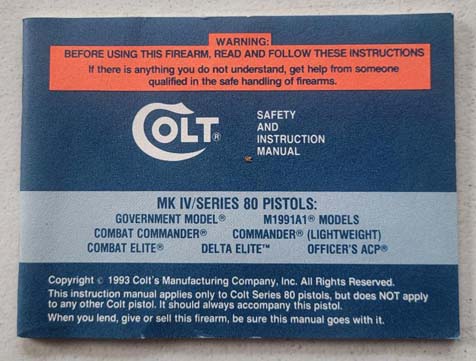 1993 Colt MK IV/Series 80 Pistols Manual