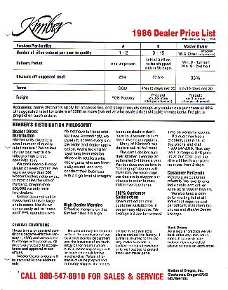 1986 Kimber Dealer Price List