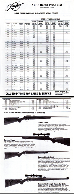 1986 Kimber Retail Price List