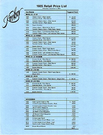 5 Kimber Price Sheets
