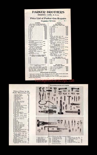 1926 Parker Shotgun Repair & Parts Price List