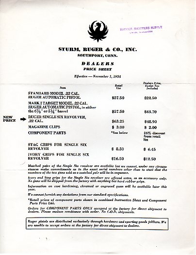 1954 Ruger Dealer Price List