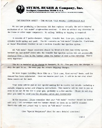 1982 Ruger "Old Model Conversion" letter