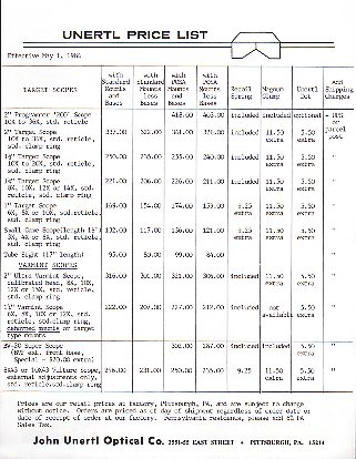 1984 Unertl Optical Price List